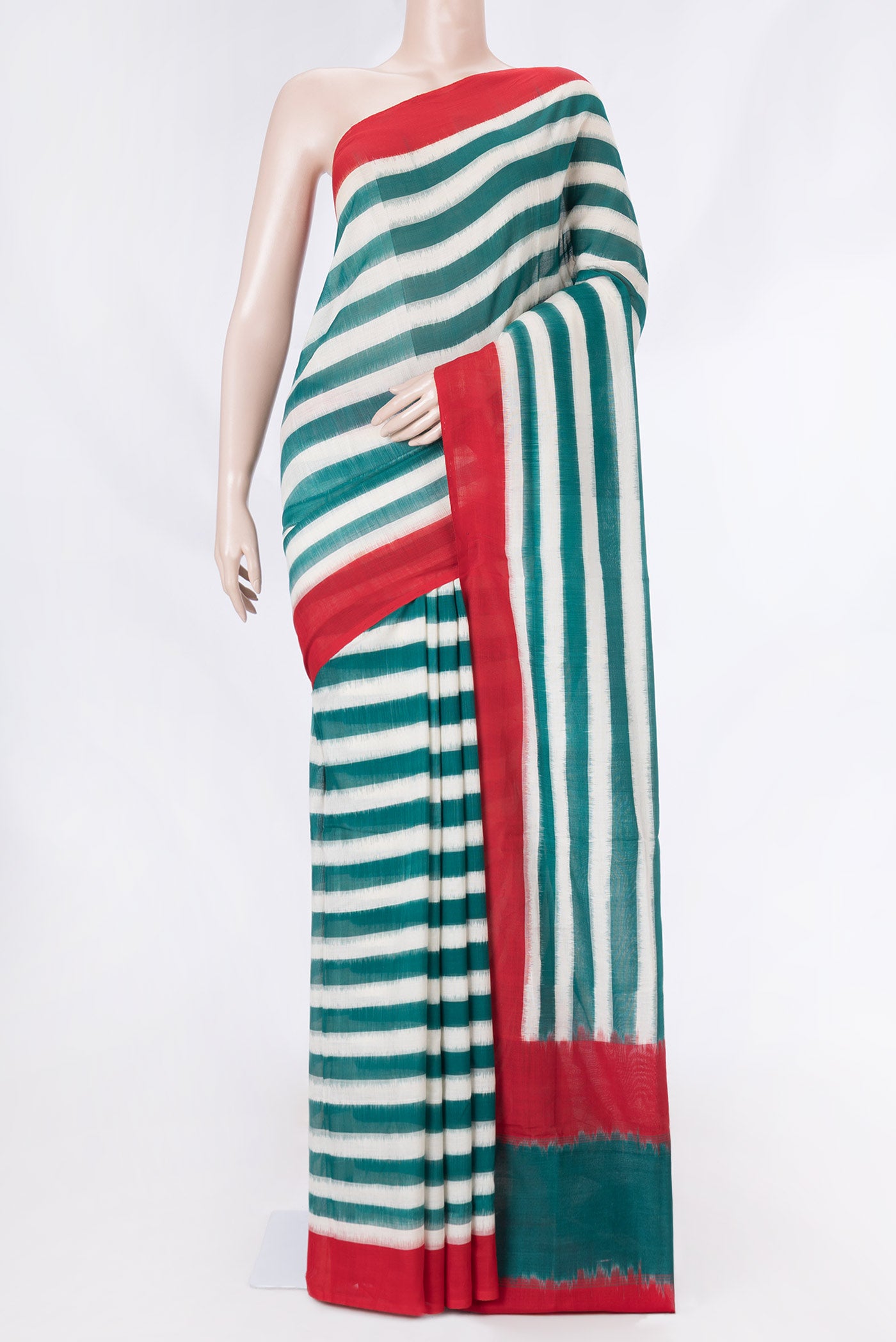 Green and Off  White Color Double Ikat Saree with Stripes on the body and Plain Border displayed on a mannequin