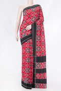 Red Dual Tone Double Ikat Saree with Ikat Print on the body and Plain Border displayed on a mannequin