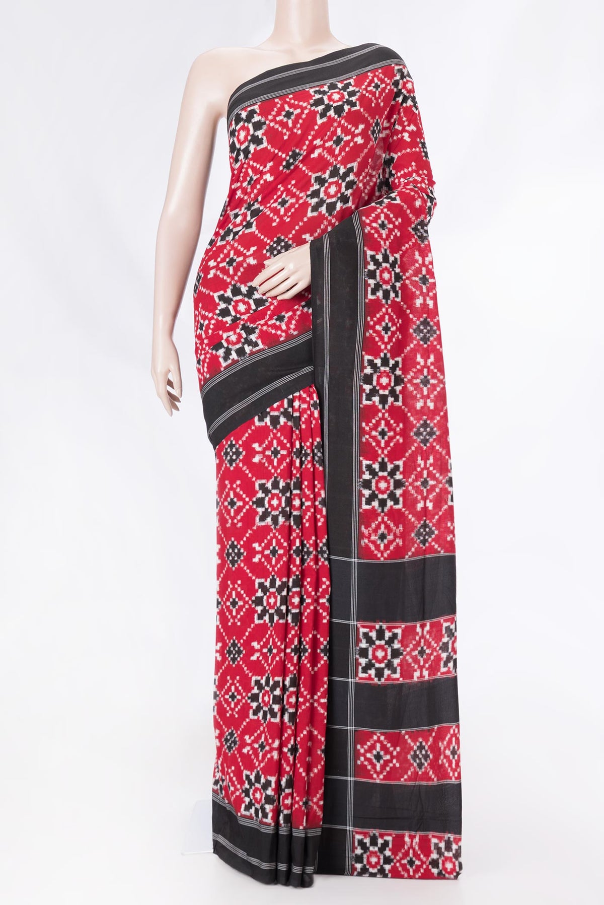 Red Dual Tone Double Ikat Saree with Ikat Print on the body and Plain Border displayed on a mannequin