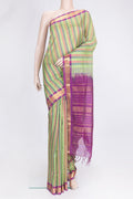 Green and Maroon Color Silk Cotton Saree with Stripes on the body and Zari Border.  displayed on a mannequin