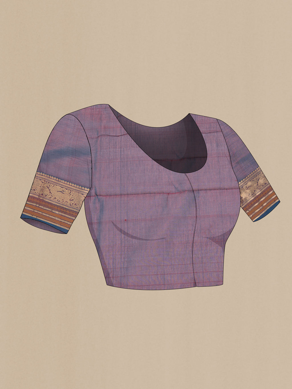 Close up image of the blouse of Purple Dual Tone Silk Cotton Saree with Checked design on the body and Zari And Thread Border. 