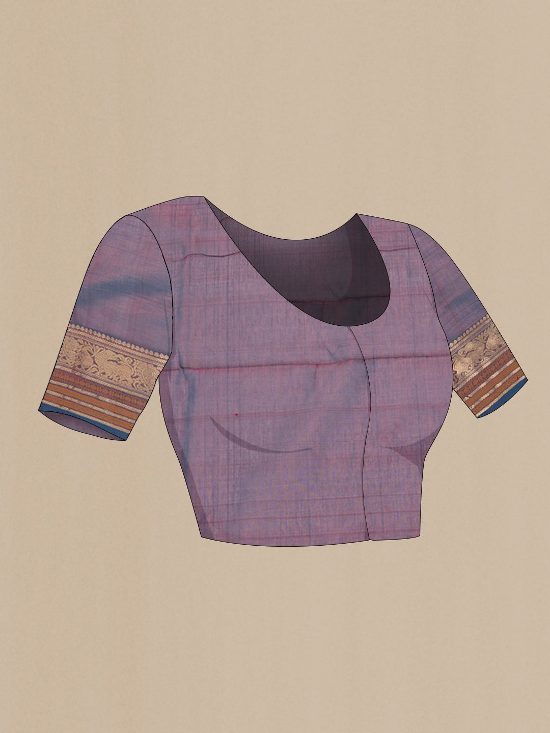 Close up image of the blouse of Purple Dual Tone Silk Cotton Saree with Checked design on the body and Zari And Thread Border. 