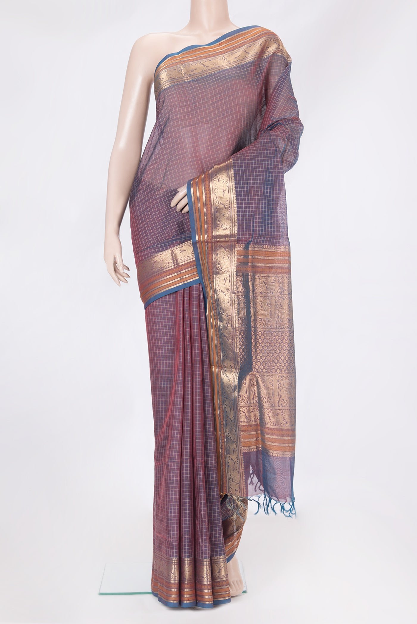 Purple Dual Tone Silk Cotton Saree with Checked design on the body and Zari And Thread Border.  displayed on a mannequin