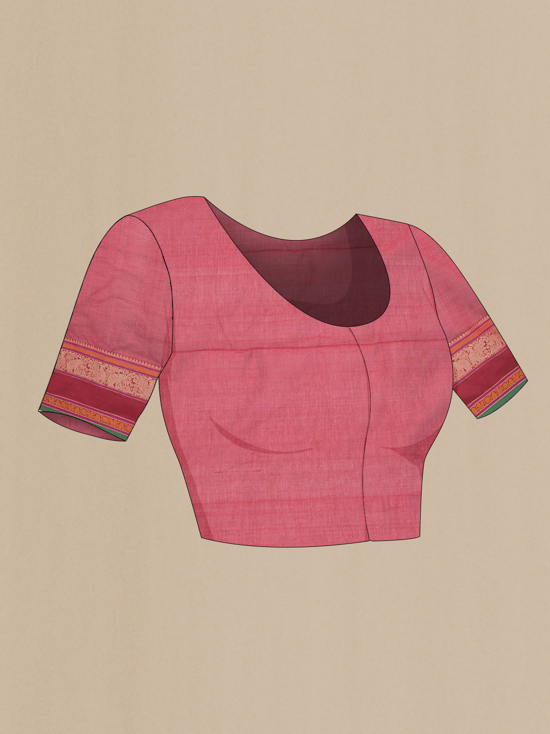 Close up image of the blouse of Red Dual Tone Silk Cotton Saree with Thread Butta on the body and Thread Border. 