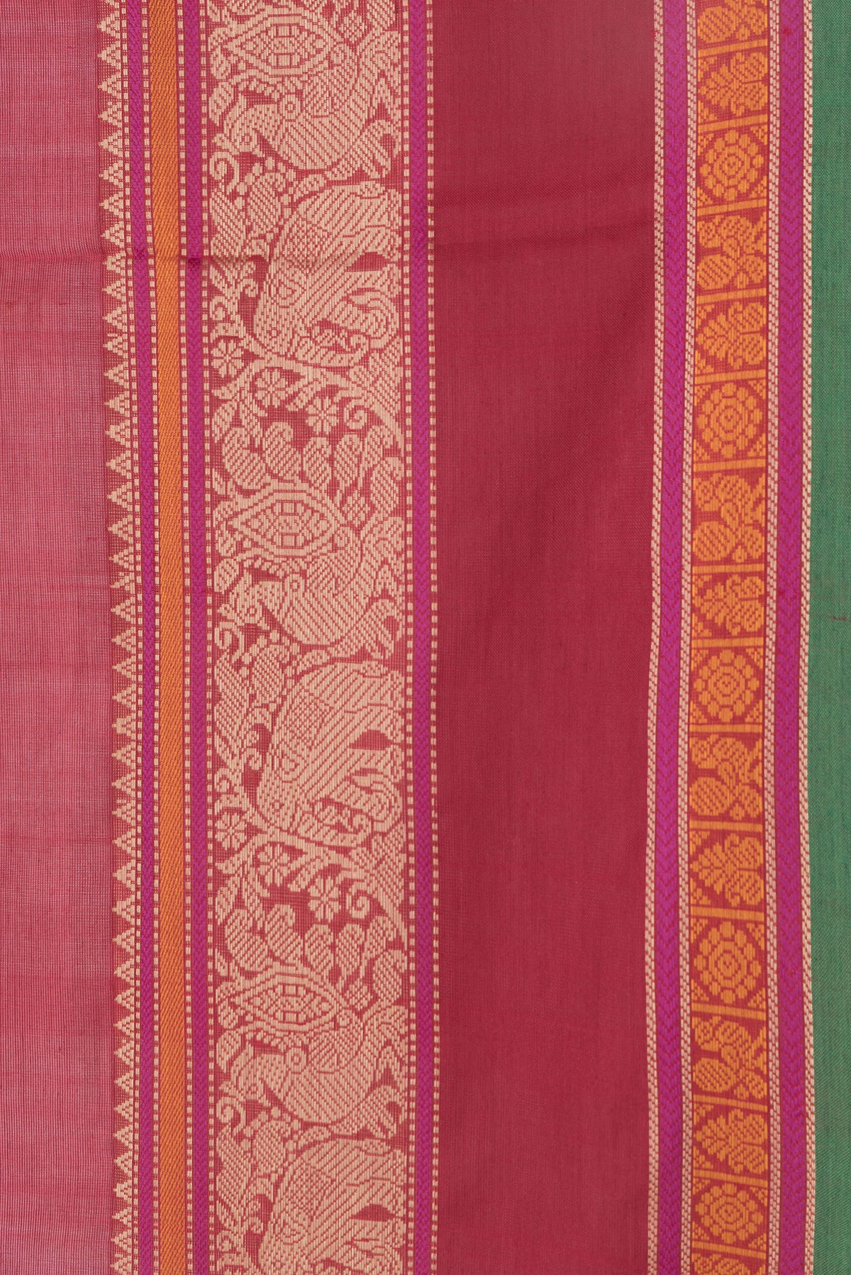 Border image of Red Dual Tone Silk Cotton Saree with Thread Butta on the body and Thread Border. 