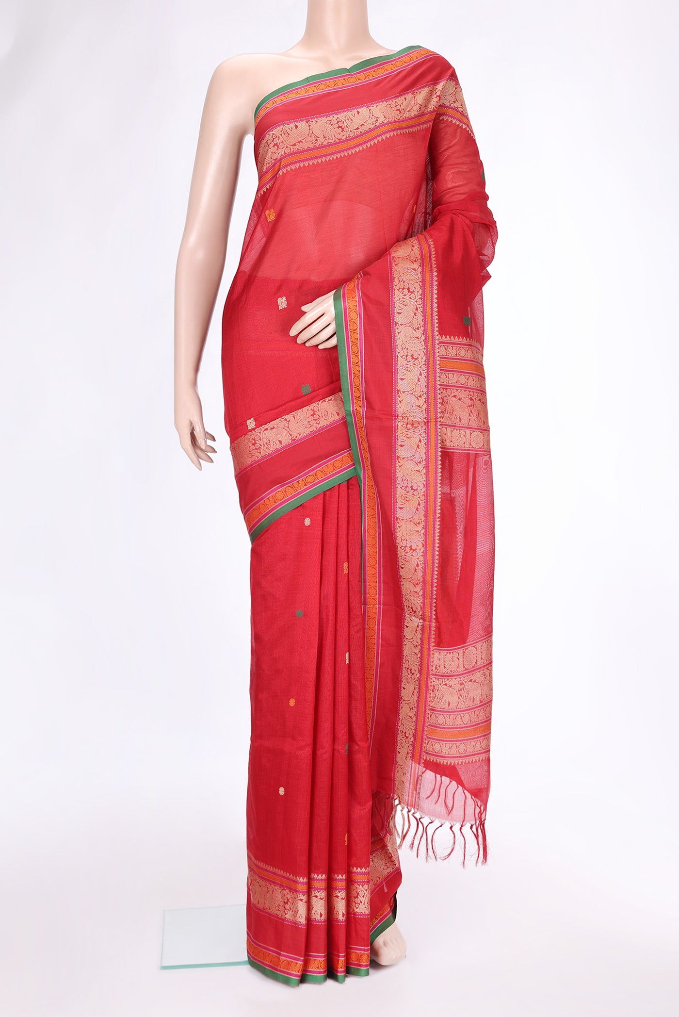 Red Dual Tone Silk Cotton Saree with Thread Butta on the body and Thread Border.  displayed on a mannequin