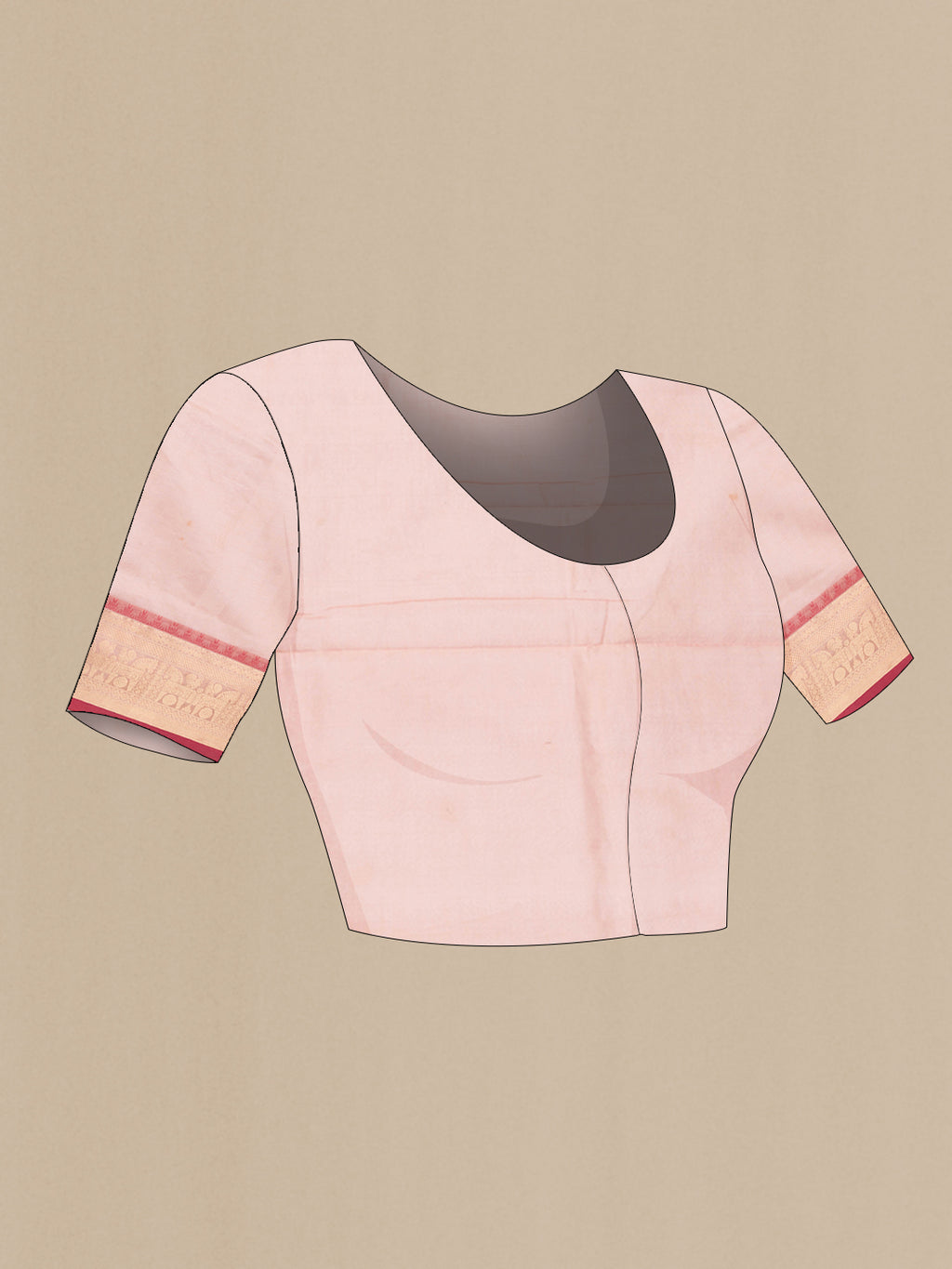 Close up image of the blouse of Peach Dual Tone Silk Cotton Saree with Thread Butta on the body and Zari Border. 