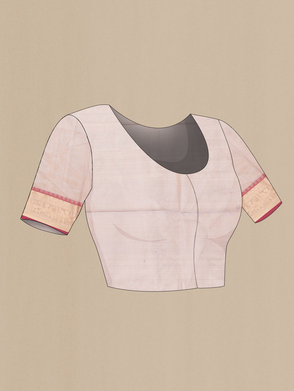 Close up image of the blouse of Golden Peach Dual Tone Silk Cotton Saree with Thread Butta on the body and Zari Border. 