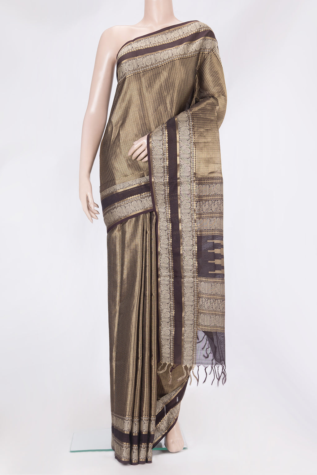 Coffee Brown Dual Tone Silk Cotton Saree with Checked design on the body and Zari And Thread Border.  displayed on a mannequin