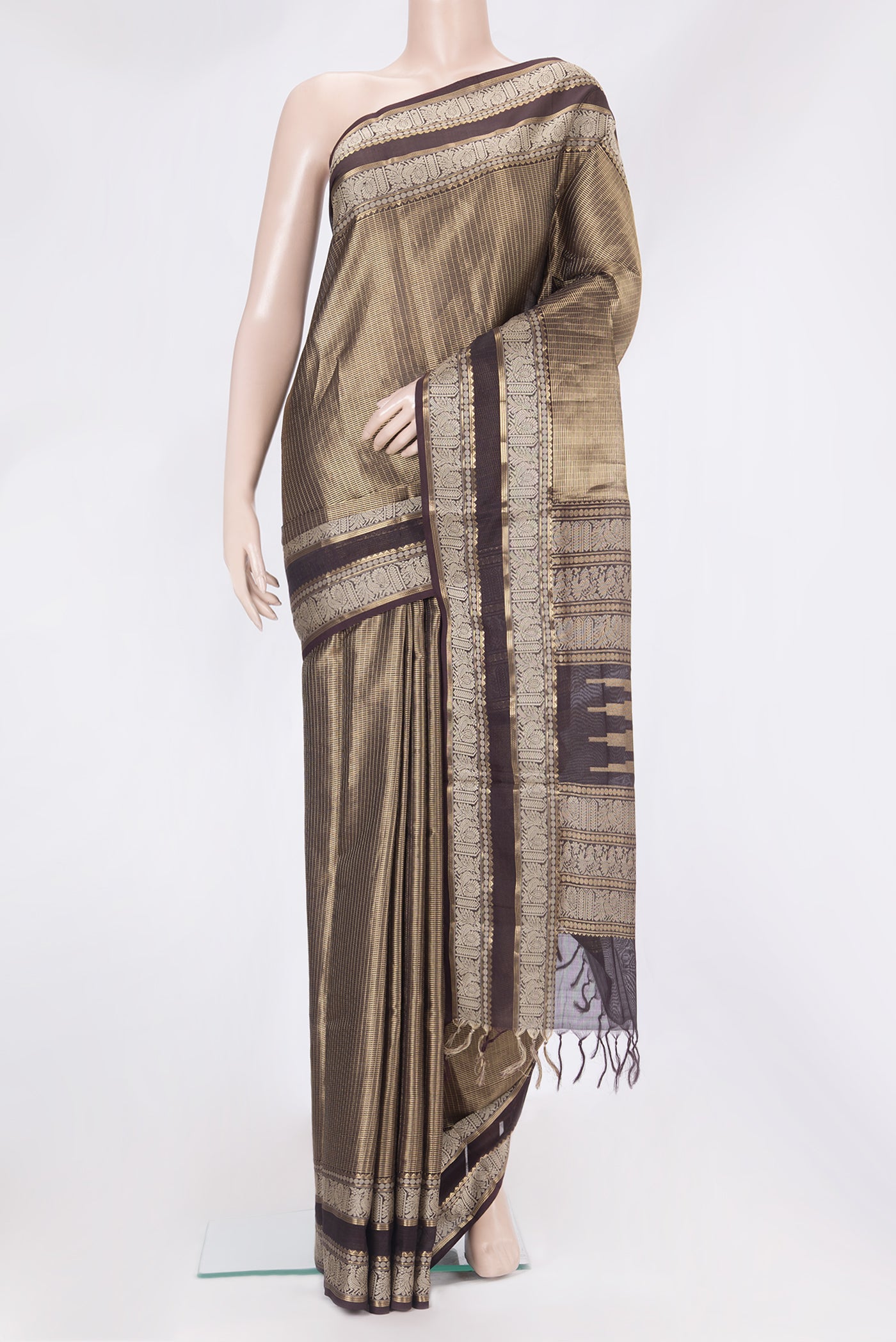 Coffee Brown Dual Tone Silk Cotton Saree with Checked design on the body and Zari And Thread Border.  displayed on a mannequin