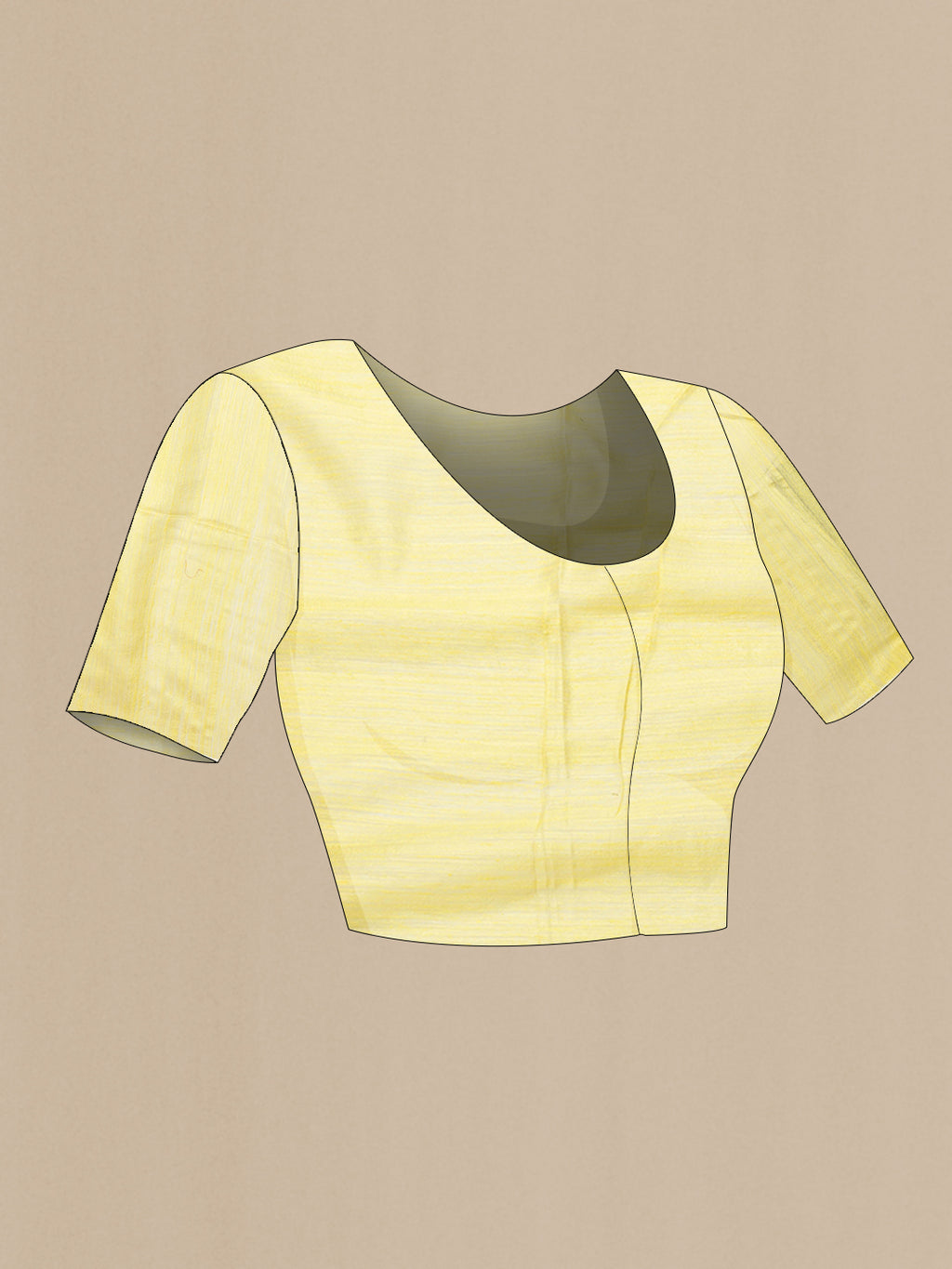 Close up image of the blouse of Yellow Dual Tone Tussar Silk Saree with Plain Body and Fancy Border. 