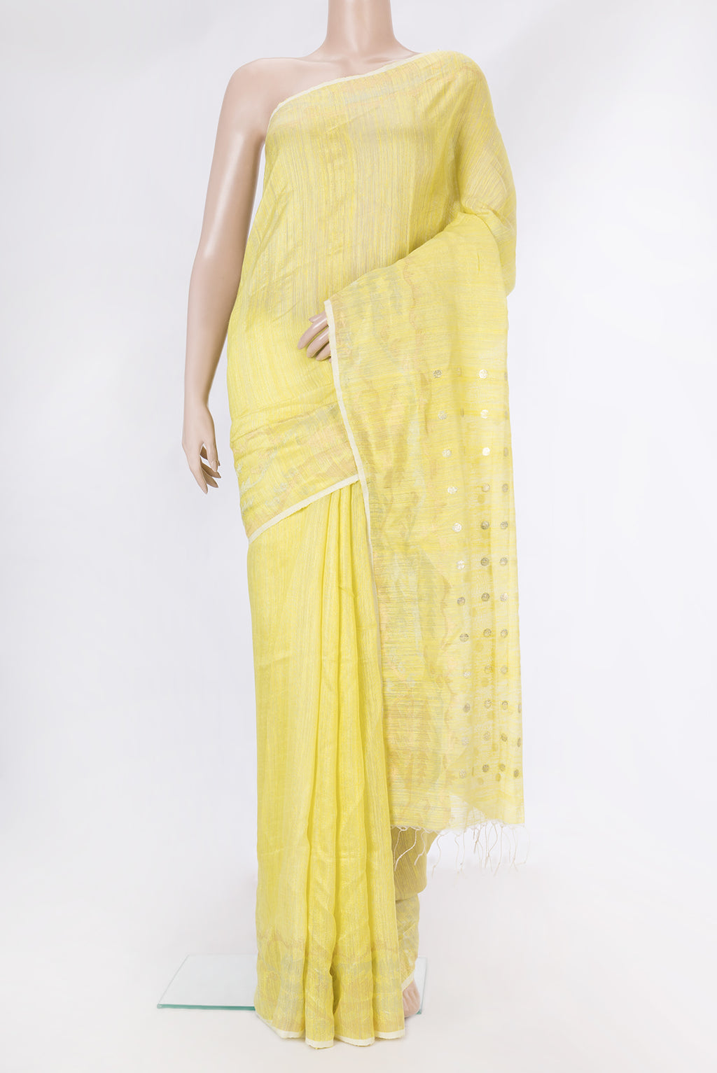 Yellow Dual Tone Tussar Silk Saree with Plain Body and Fancy Border.  displayed on a mannequin