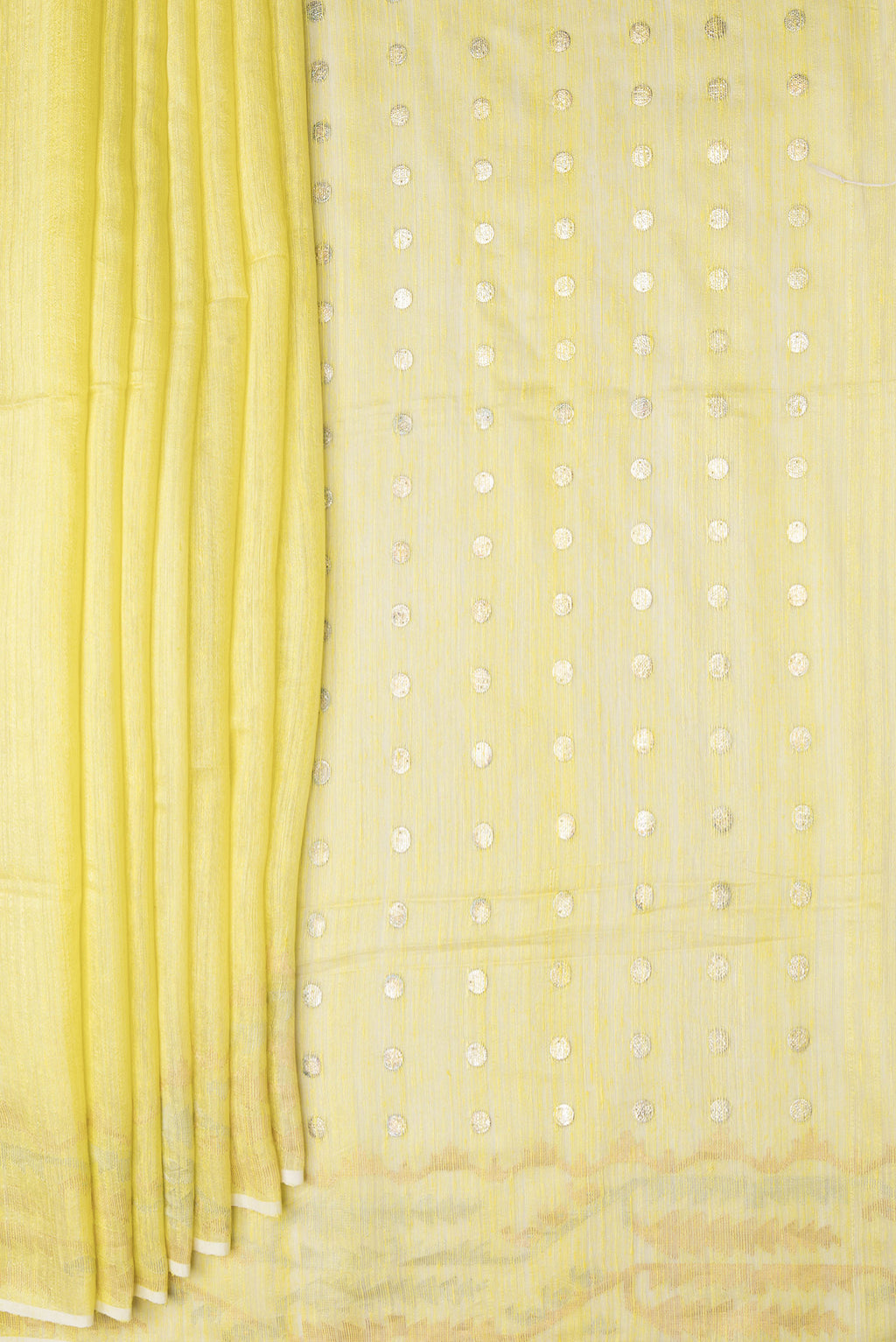 Pleats and pallu of Yellow Dual Tone Tussar Silk Saree with Plain Body and Fancy Border. 