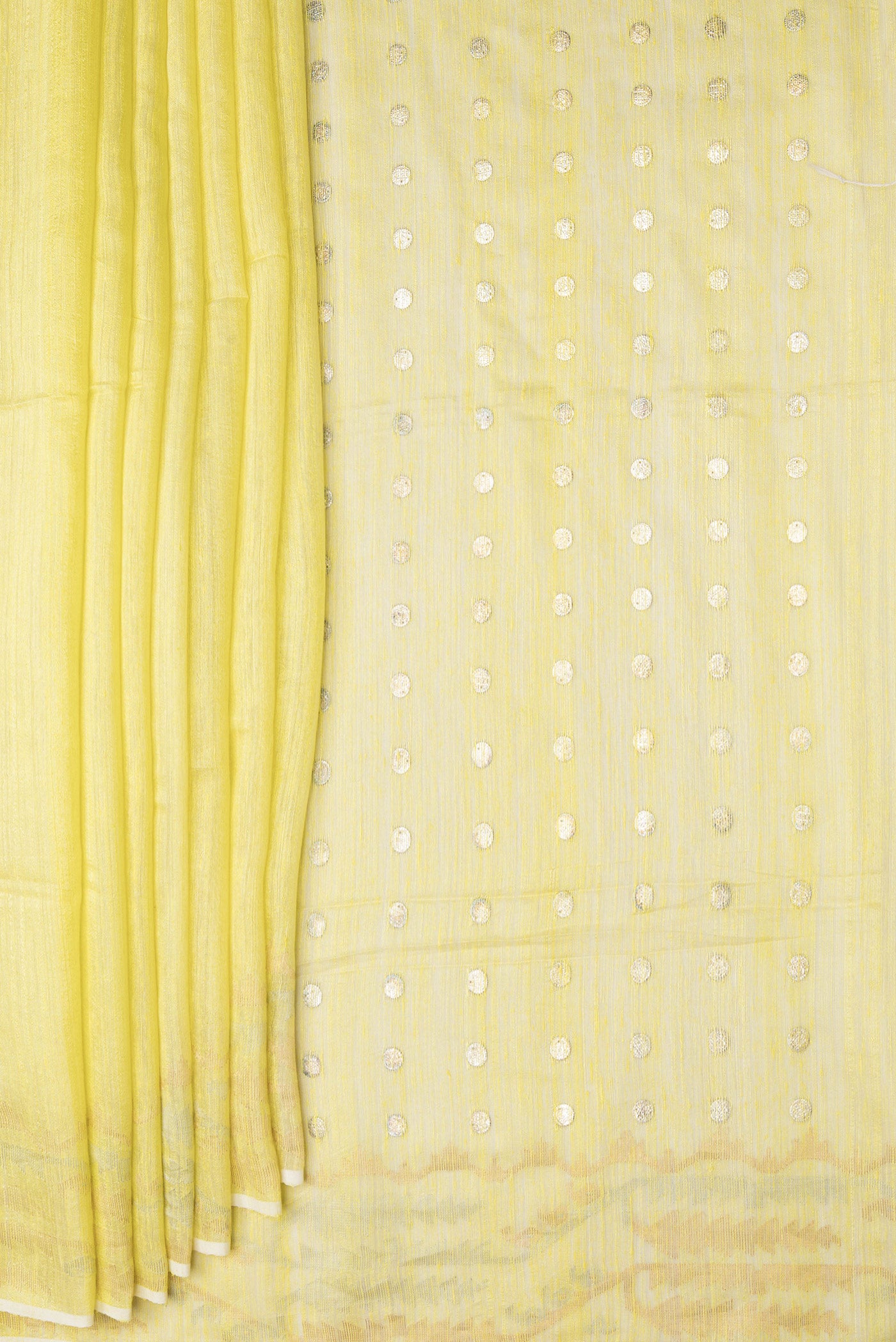 Pleats and pallu of Yellow Dual Tone Tussar Silk Saree with Plain Body and Fancy Border. 