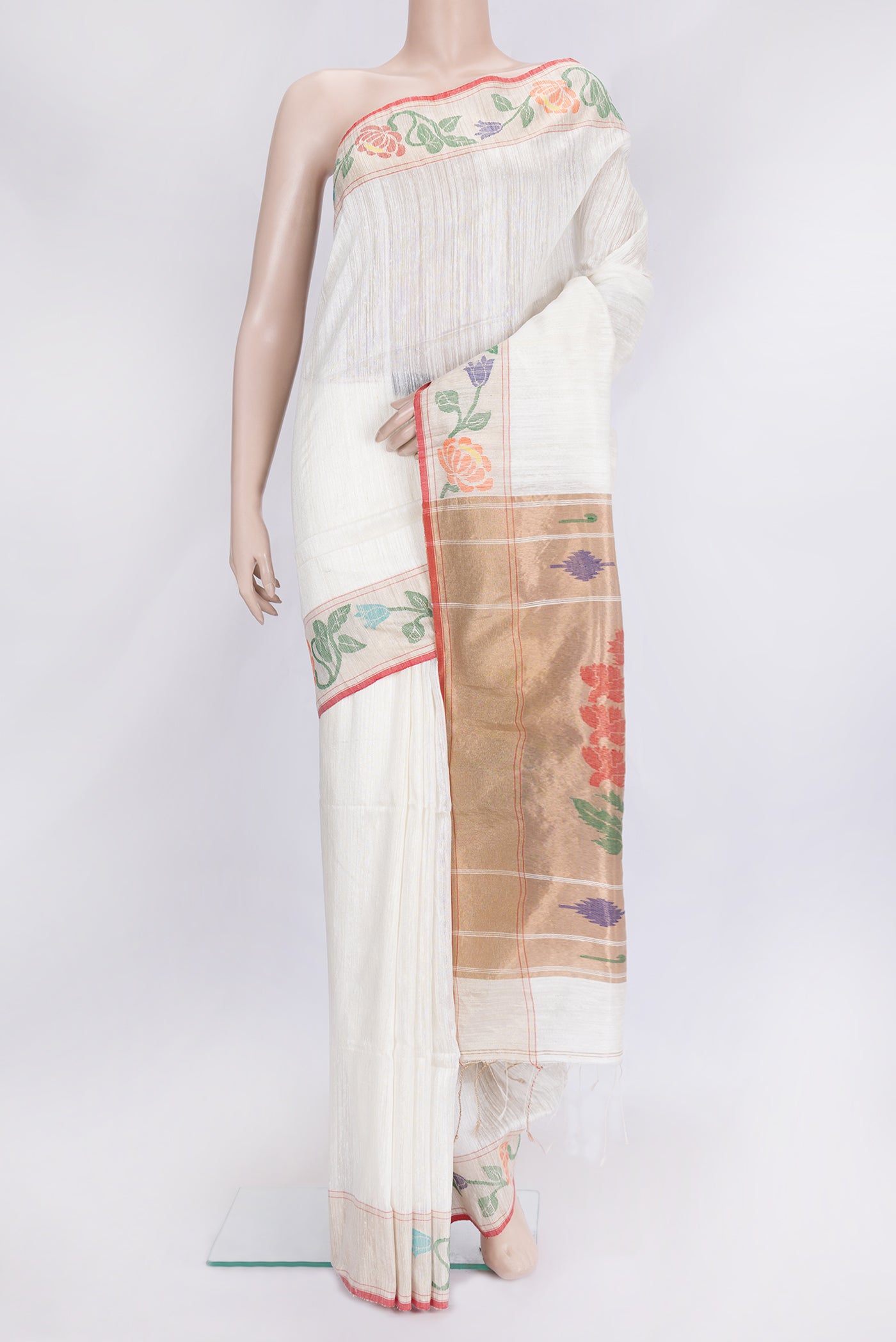 Off White Dual Tone Linen Saree with Plain Body and Fancy Border.  displayed on a mannequin