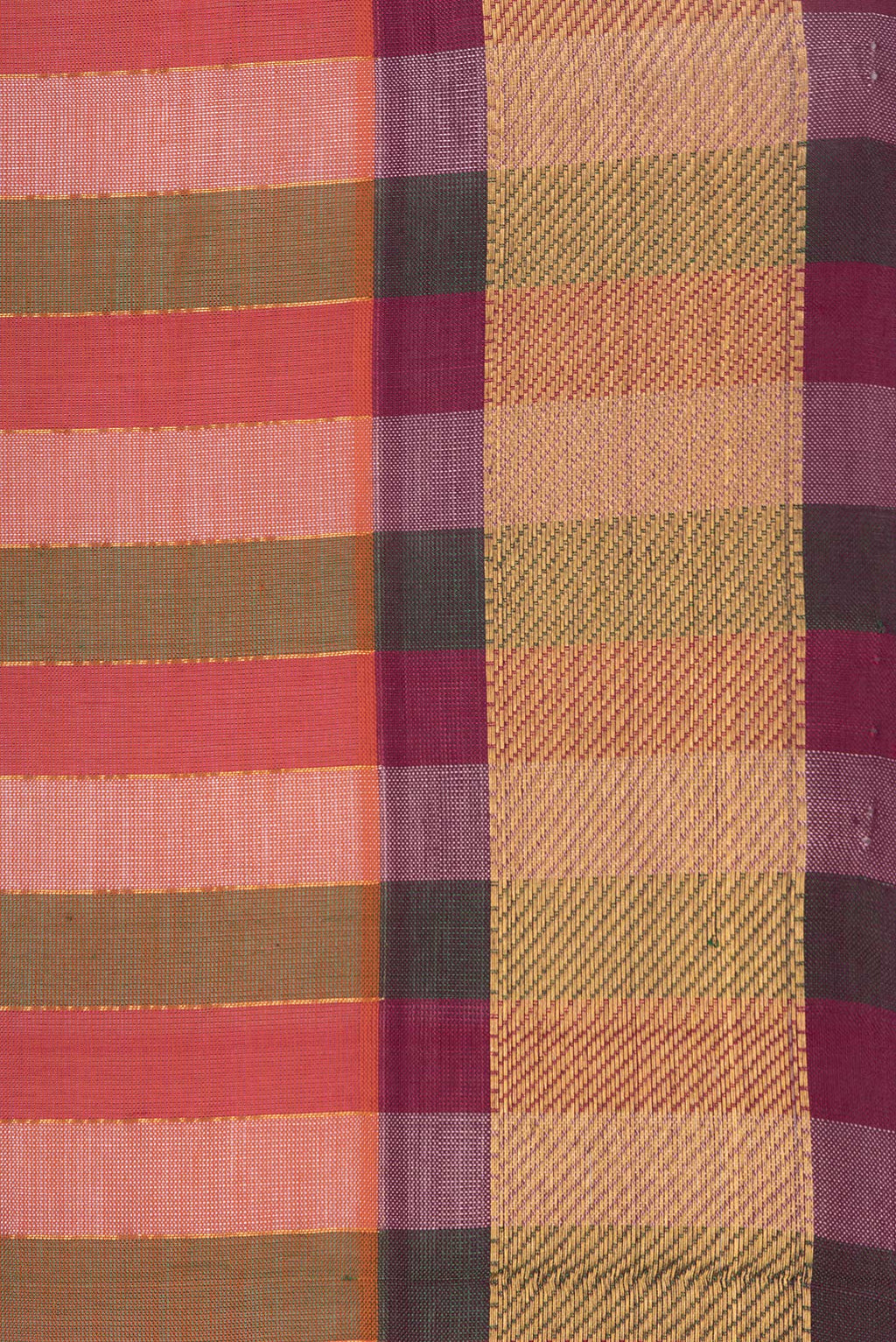 Border image of Red and Green Color Silk Cotton Saree with Stripes on the body and Zari Border. 