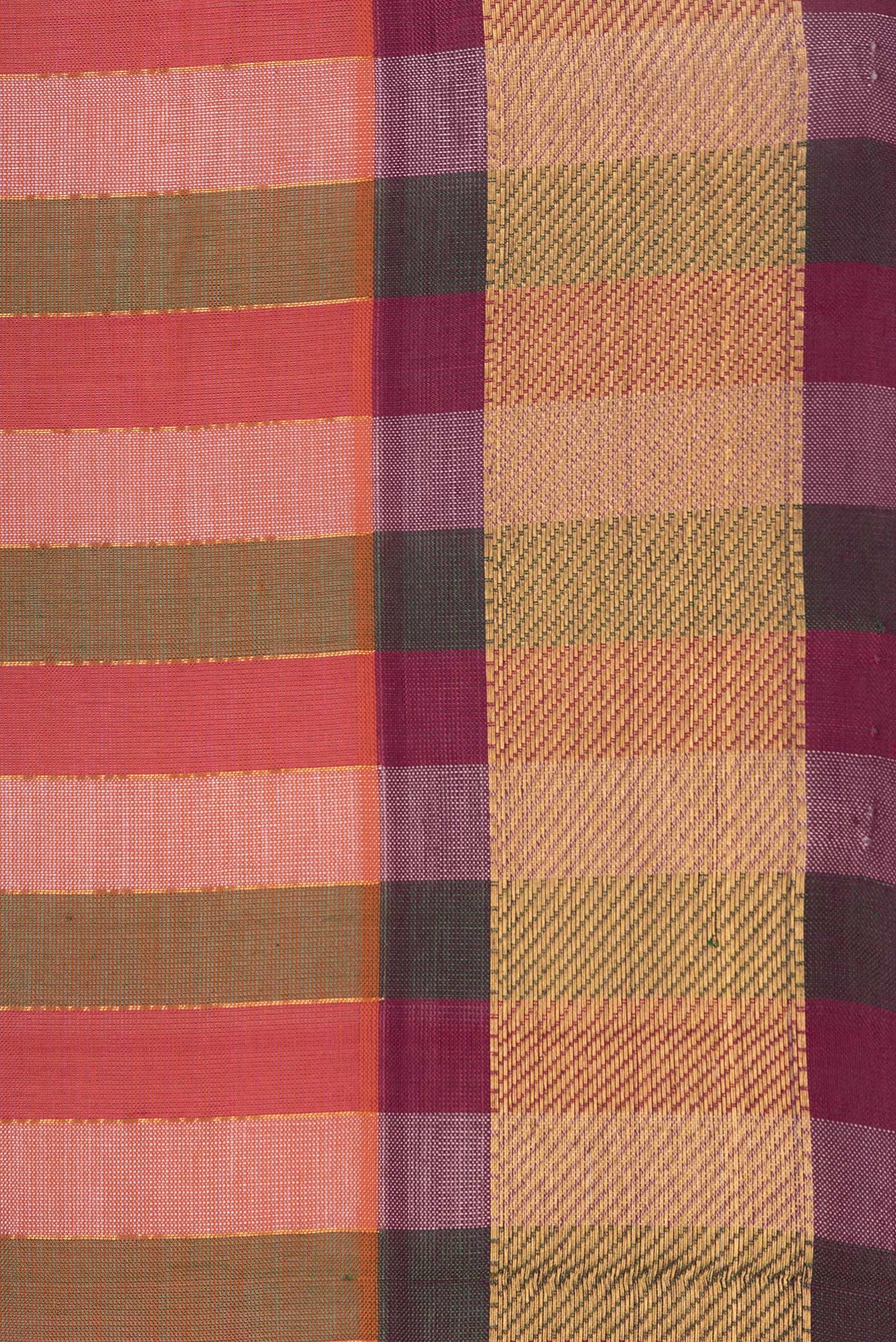Border image of Red and Green Color Silk Cotton Saree with Stripes on the body and Zari Border. 