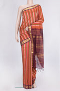 Red and Green Color Silk Cotton Saree with Stripes on the body and Zari Border.  displayed on a mannequin