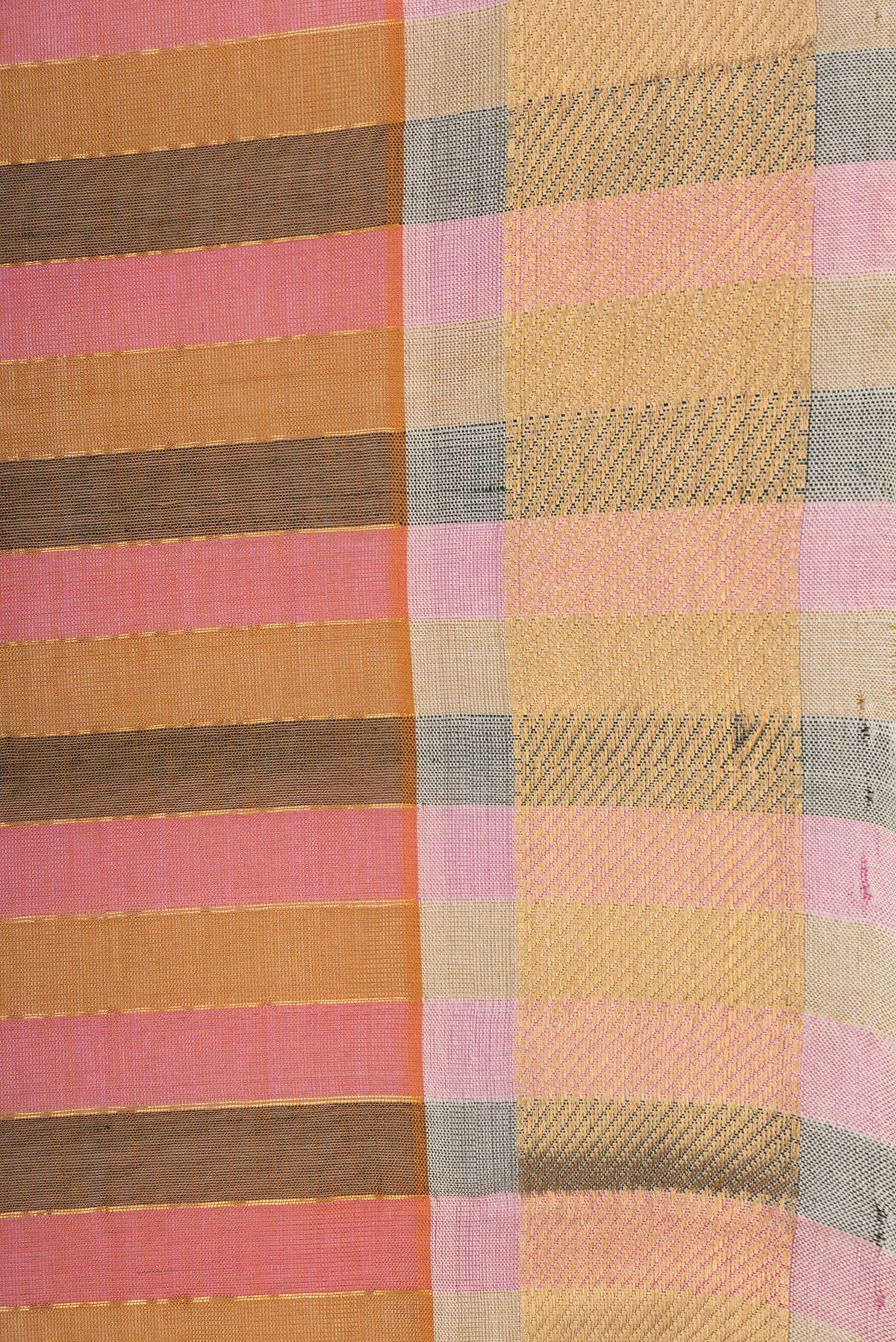Border image of Pink and Mustard Color Silk Cotton Saree with Stripes on the body and Zari Border. 