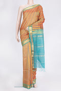 Yellow and Green Color Silk Cotton Saree with Stripes on the body and Zari Border.  displayed on a mannequin