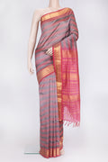 Grey and Pink Color Silk Cotton Saree with Stripes on the body and Zari Border.  displayed on a mannequin