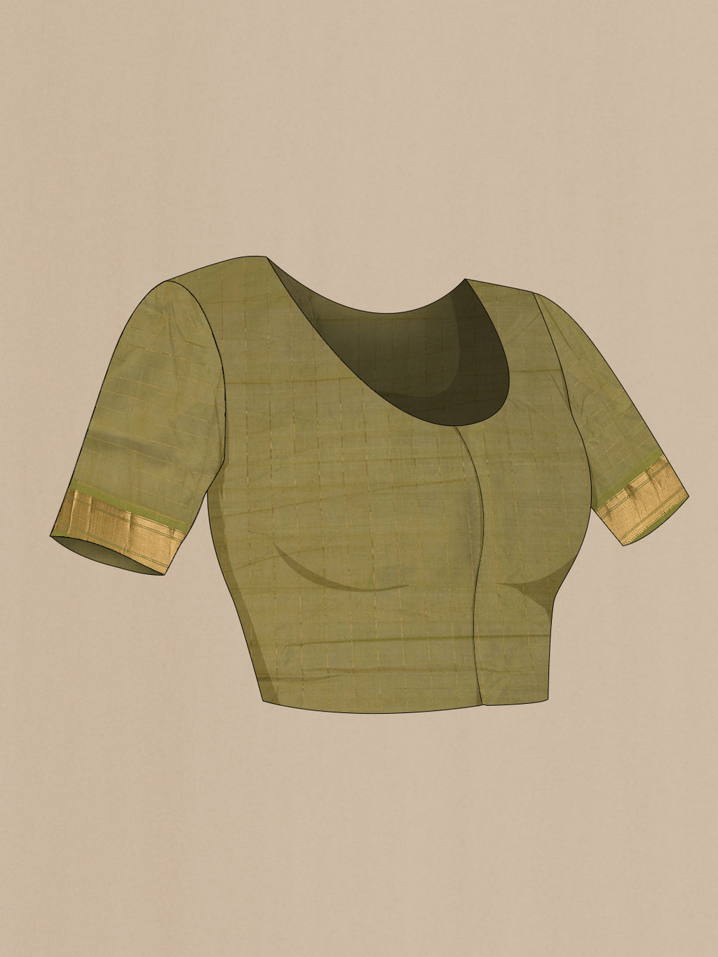 Close up image of the blouse of Pink and Green Color Silk Cotton Saree with Stripes on the body and Zari Border. 