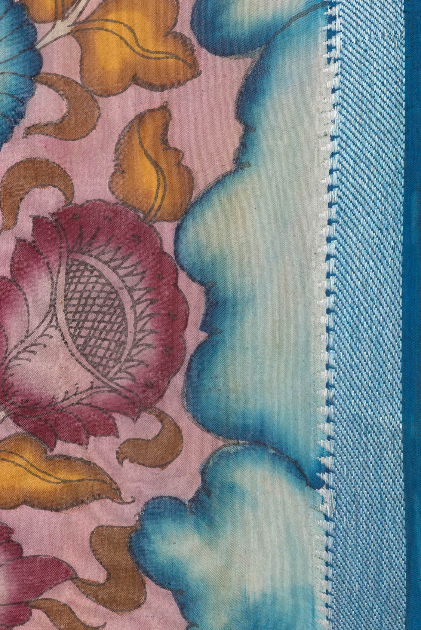 Border image of Pink Dual Tone Tussar Silk Saree with kalamkari Print on the body and Zari Border. 