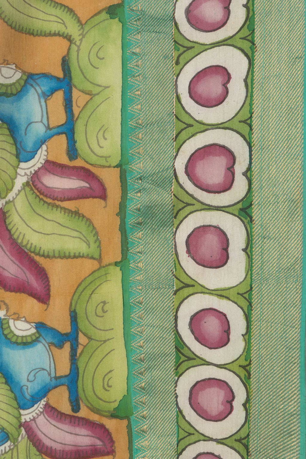Border image of Mustard Dual Tone Tussar Silk Saree with kalamkari Print on the body and Zari Border. 