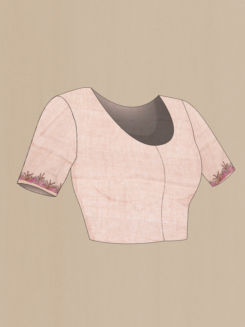 Close up image of the blouse of Peach Dual Tone Linen Saree with Embroidery on the body and Embroidery Border. 