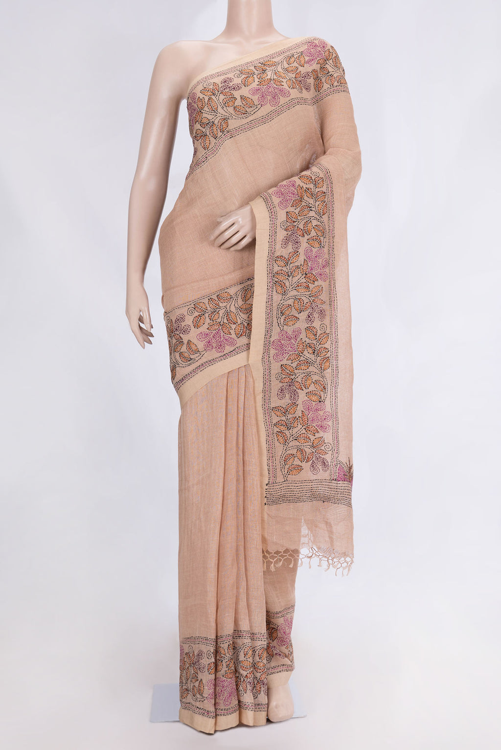 Peach Dual Tone Linen Saree with Embroidery on the body and Embroidery Border.  displayed on a mannequin