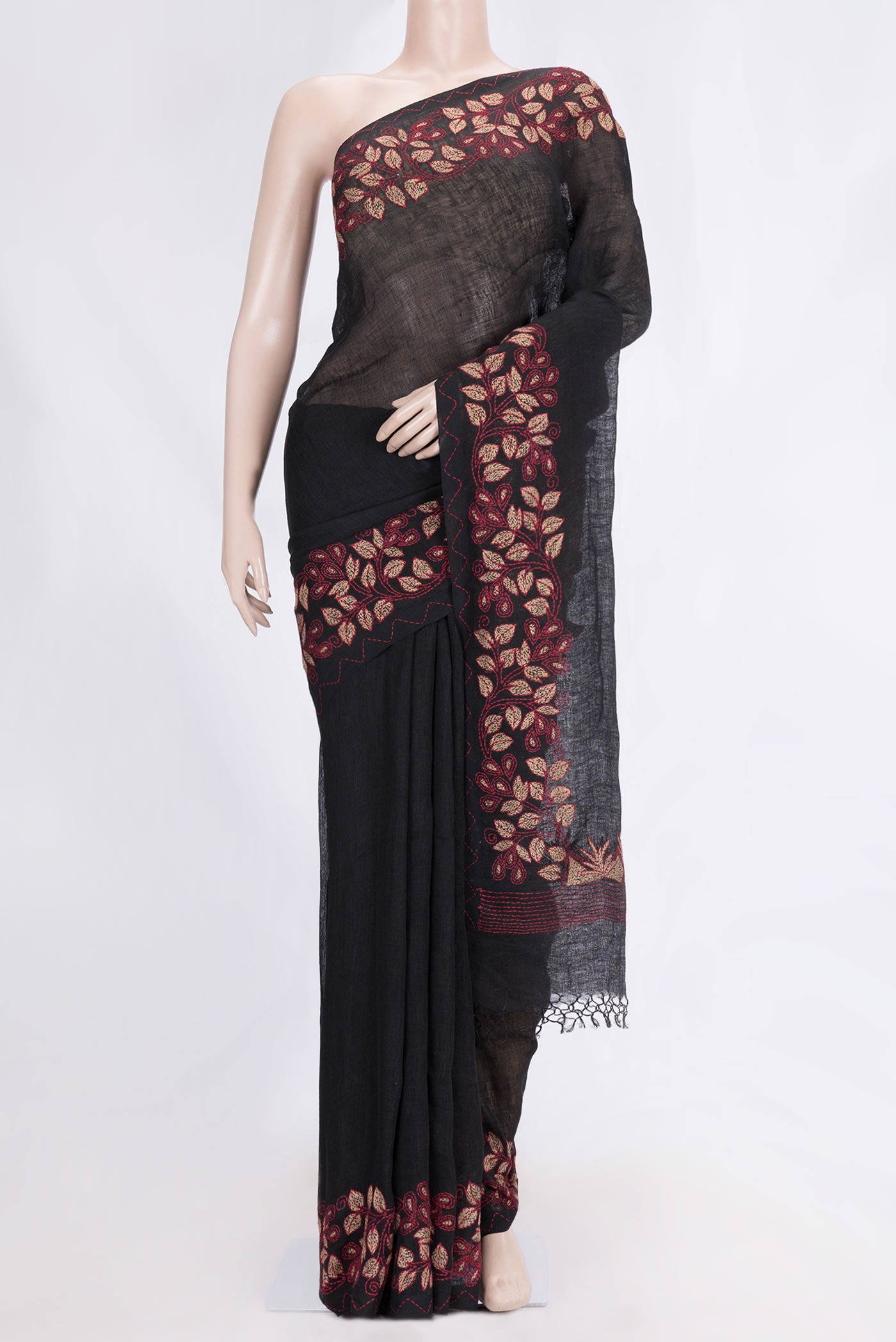 Black Dual Tone Linen Saree with Embroidery on the body and Embroidery Border.  displayed on a mannequin