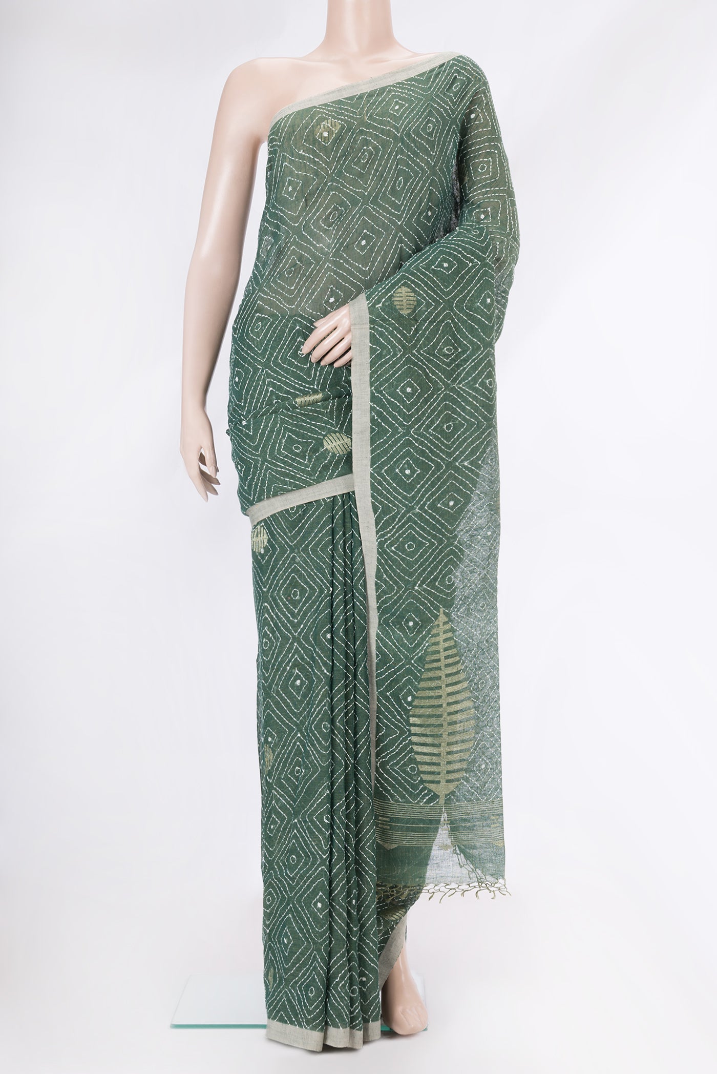 Bottle Green Dual Tone Tussar Silk Saree with Embroidery on the body and Plain Border.  displayed on a mannequin