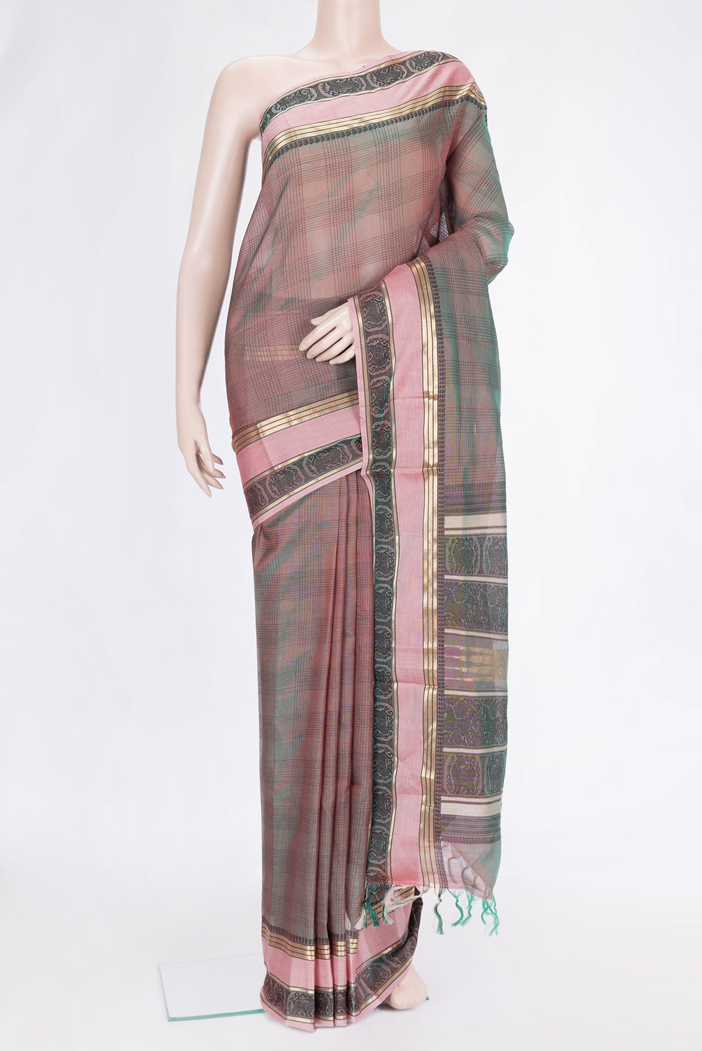 Green Dual Tone Silk Cotton Saree with Checked design on the body and Zari And Thread Border.  displayed on a mannequin
