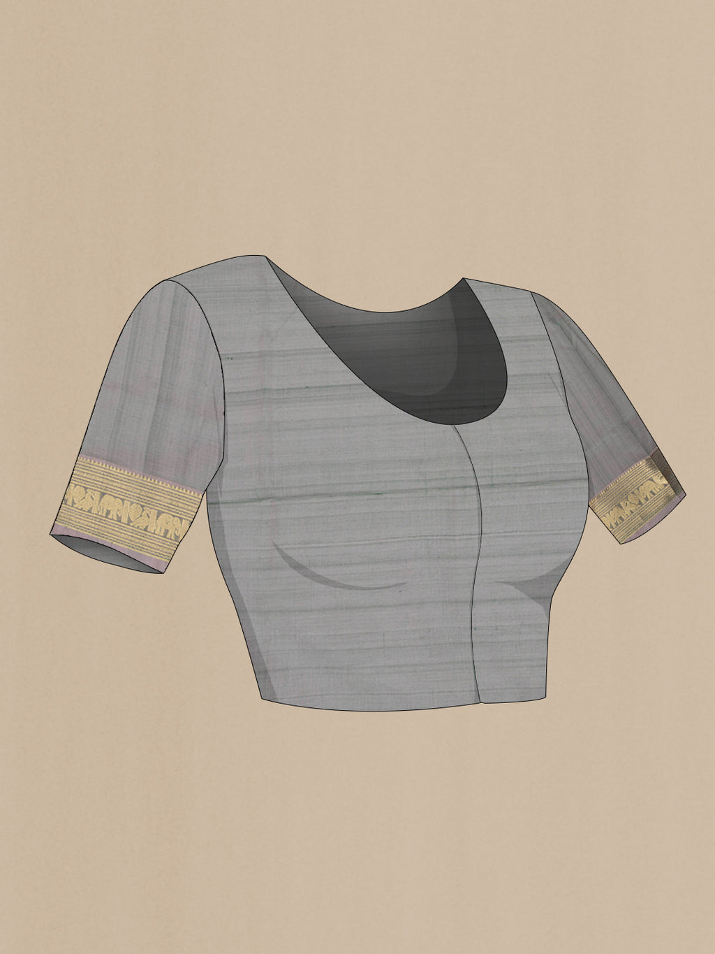 Close up image of the blouse of Grey with Green Color Silk Cotton Saree with Zari Butta on the body and Zari Border. 