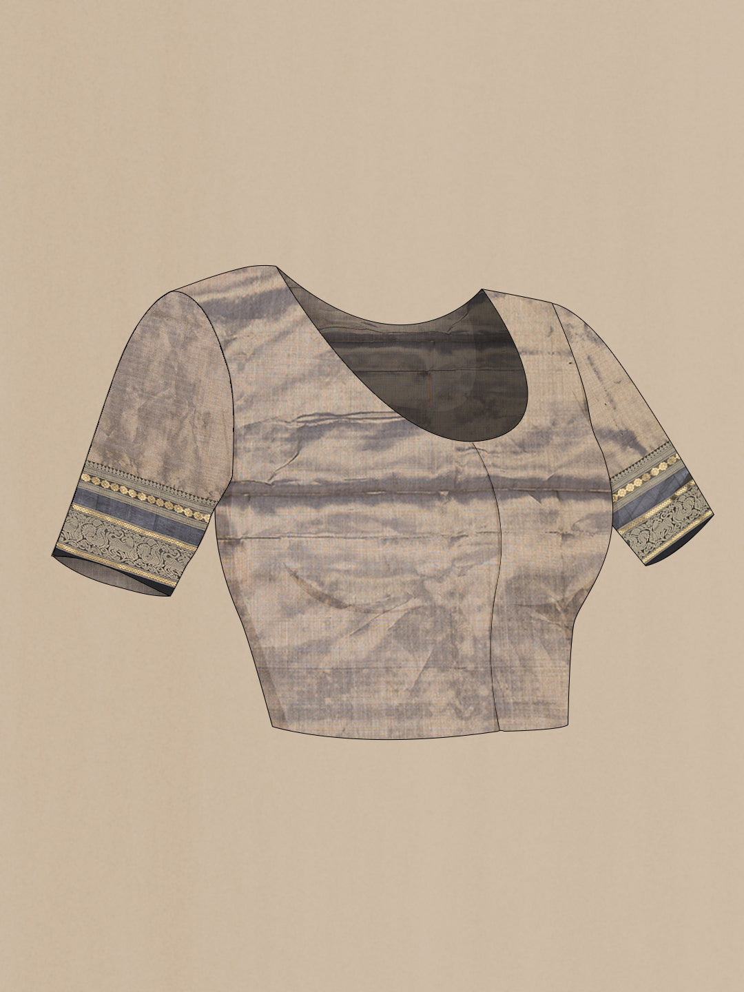 Close up image of the blouse of Brown Dual Tone Silk Cotton Saree with Stripes on the body and Zari And Thread Border. 