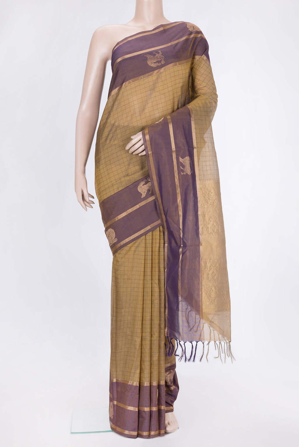Gold Dual Tone Silk Cotton Saree with Thread Butta on the body and Fancy Border.  displayed on a mannequin