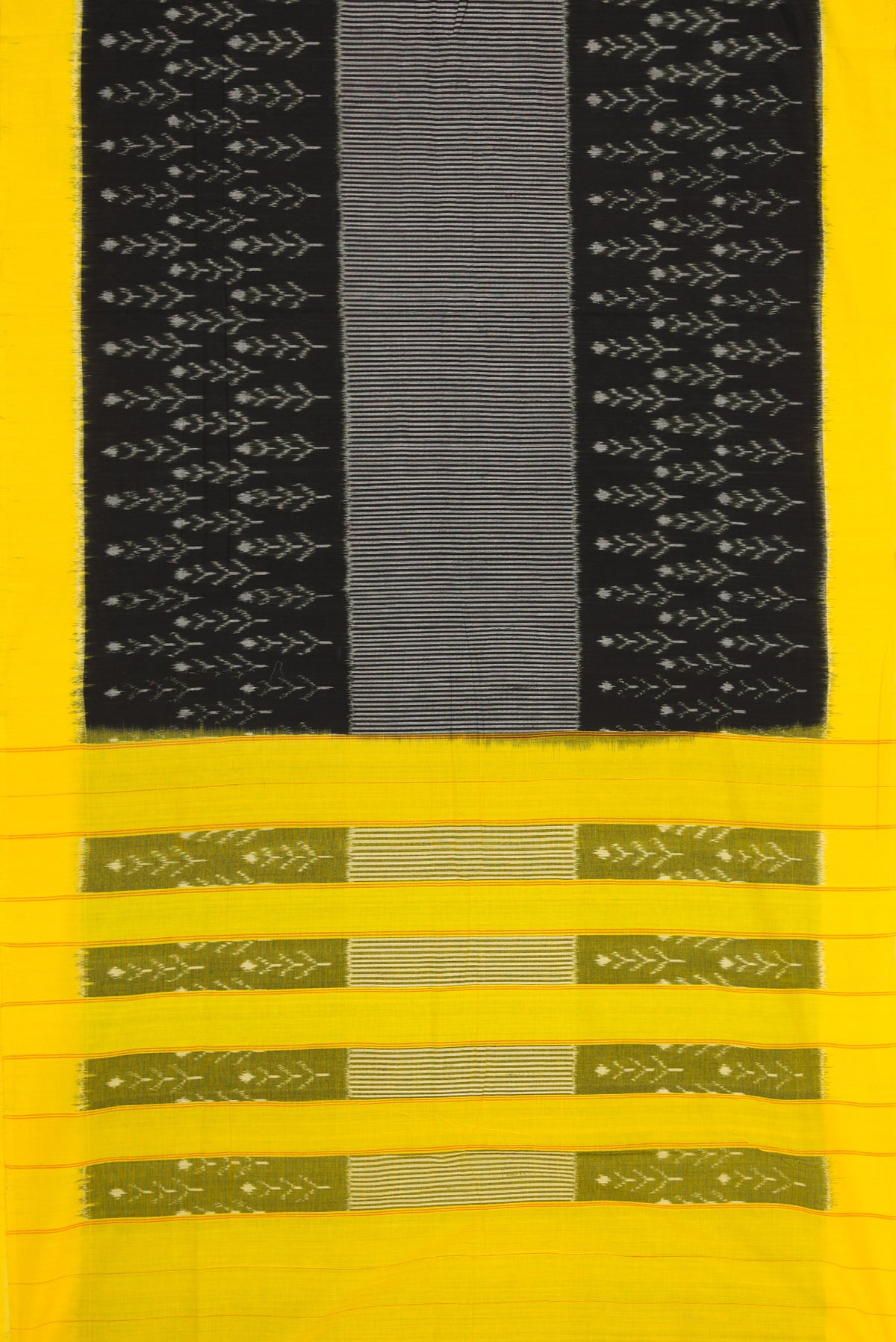 Flat view of Black Dual Tone Double Ikat Saree with Ikat Print on the body and Plain Border. 