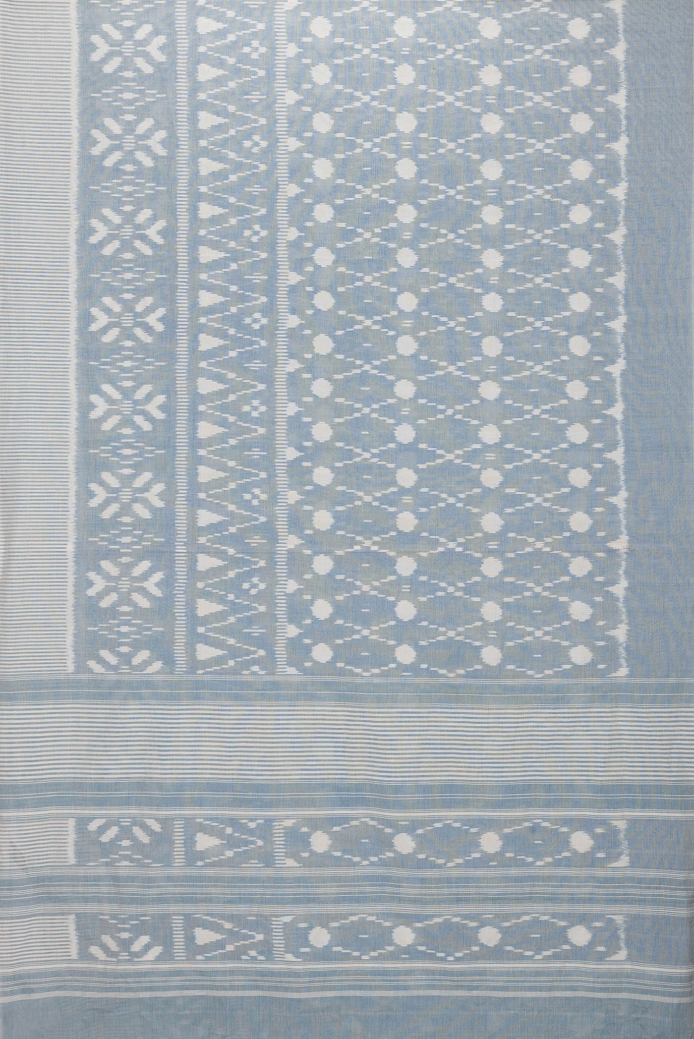Flat view of Grey Dual Tone Cotton Saree with Ikat Print on the body and Plain Border. 