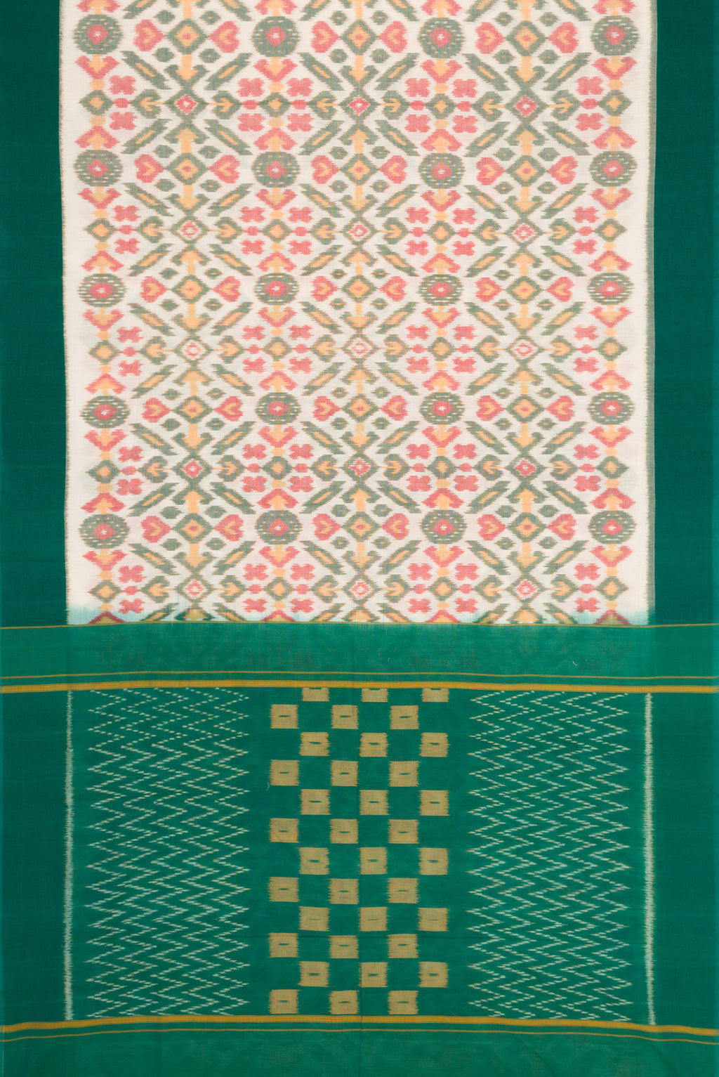 Flat view of Off White Dual Tone Double Ikat Saree with Ikat Print on the body and Plain Border. 