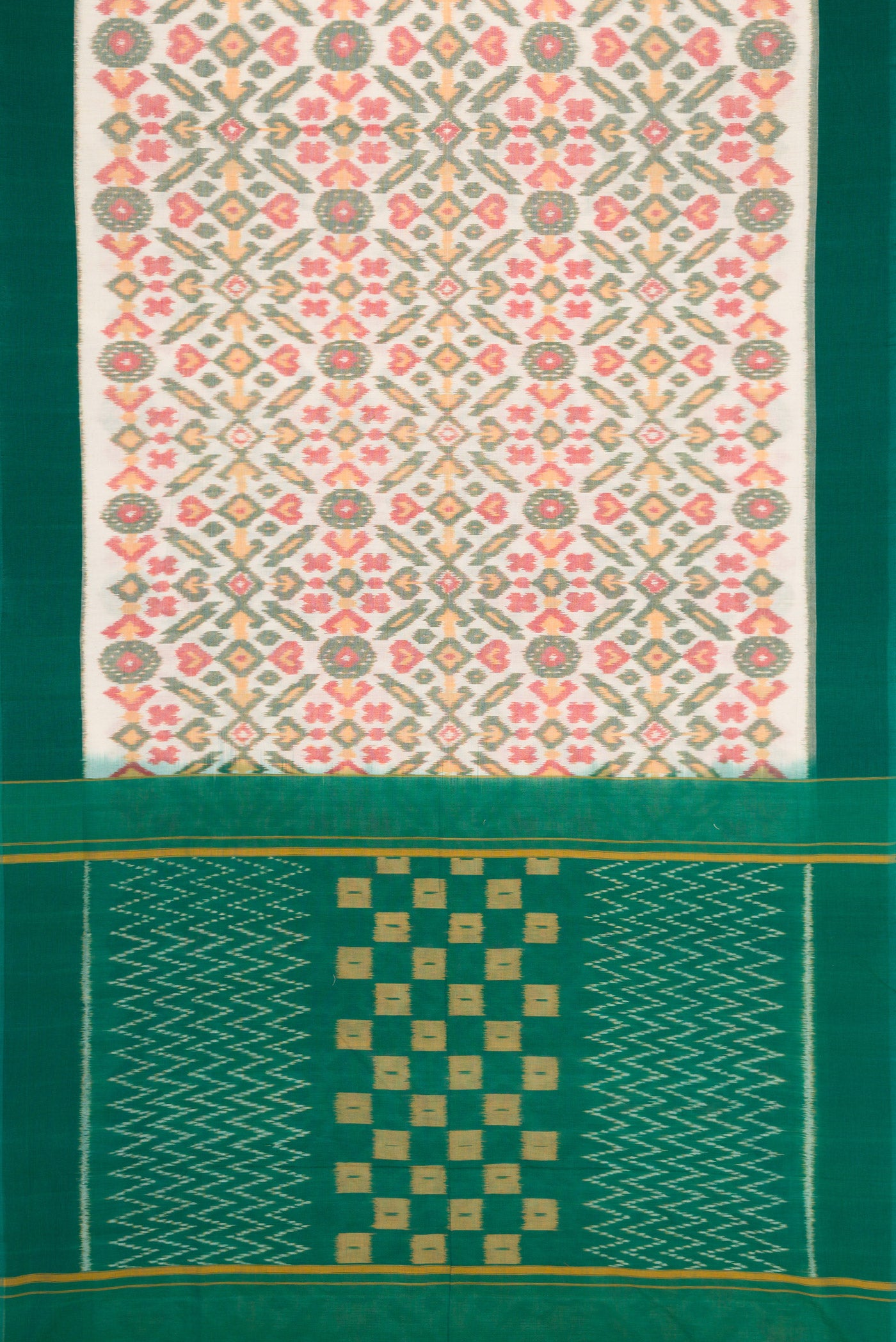 Flat view of Off White Dual Tone Double Ikat Saree with Ikat Print on the body and Plain Border. 
