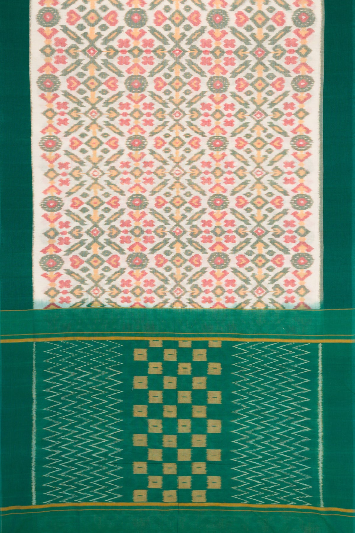 Flat view of Off White Dual Tone Double Ikat Saree with Ikat Print on the body and Plain Border. 