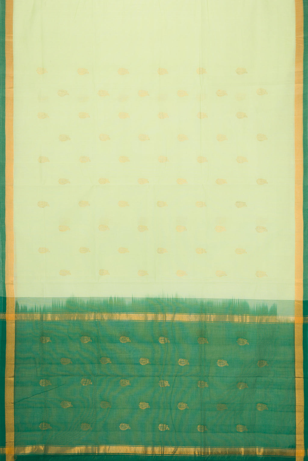 Flat view of Bottle Green Dual Tone Uppada Cotton Saree with Zari Butta on the body and Zari Border. 