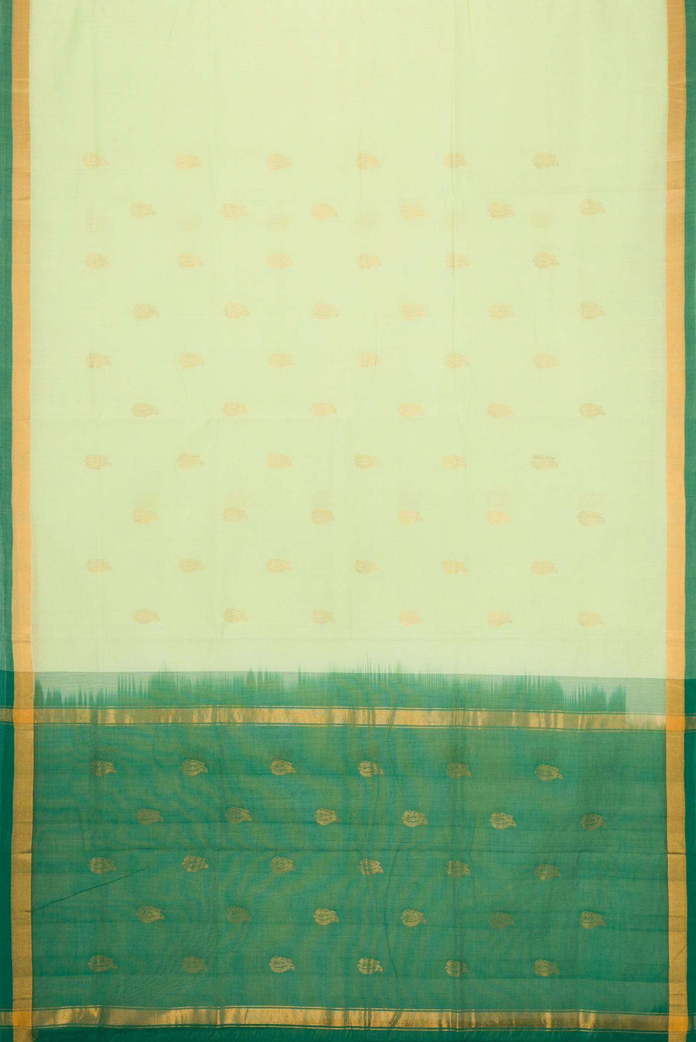 Flat view of Bottle Green Dual Tone Uppada Cotton Saree with Zari Butta on the body and Zari Border. 