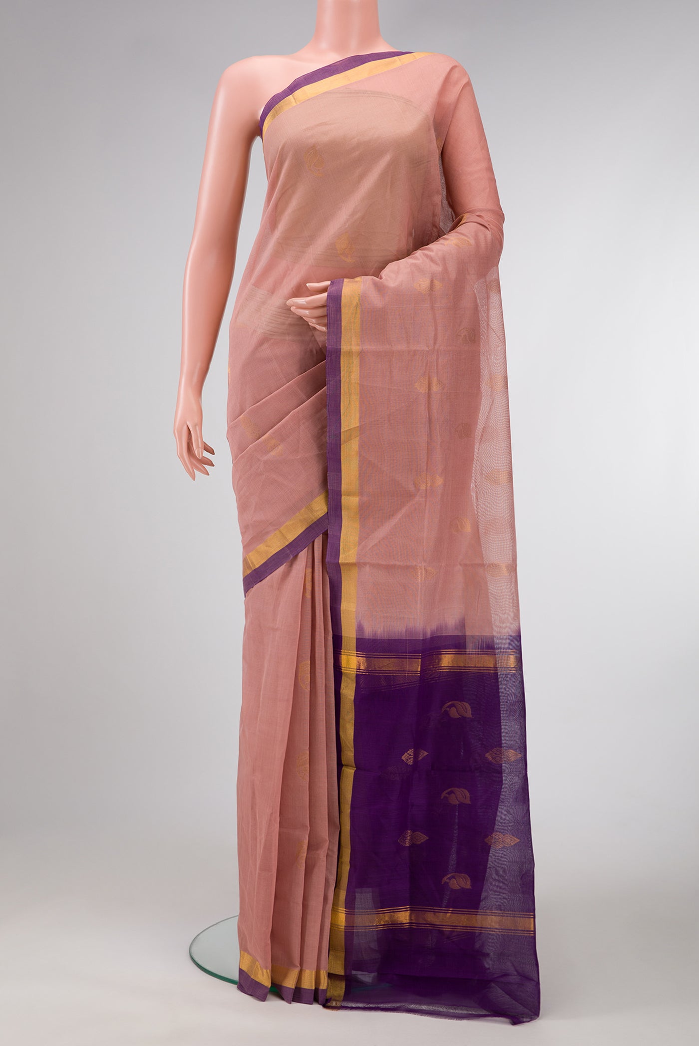 Peach Dual Tone Uppada Cotton Saree with Zari Butta on the body and Zari Border.  displayed on a mannequin