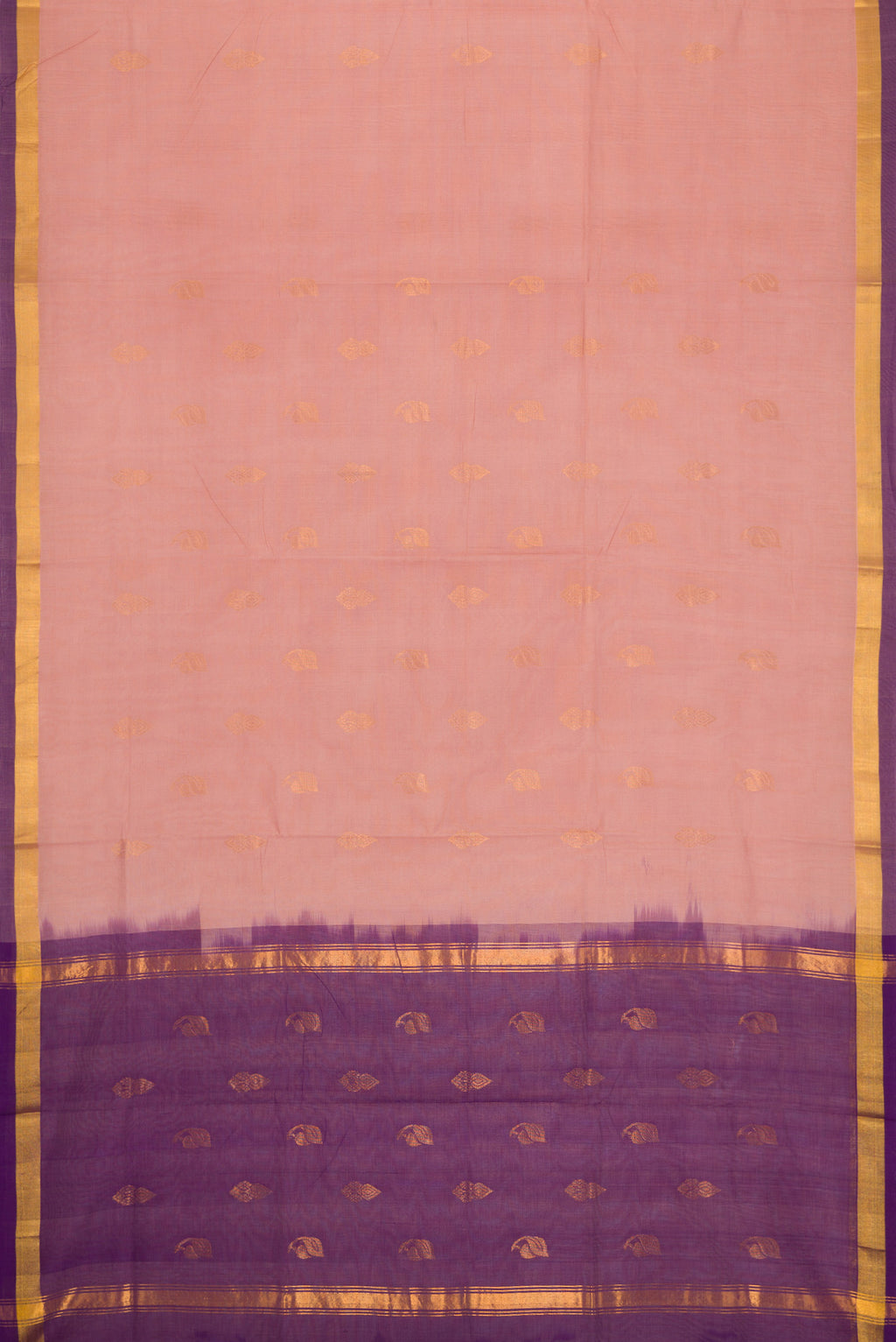 Flat view of Peach Dual Tone Uppada Cotton Saree with Zari Butta on the body and Zari Border. 