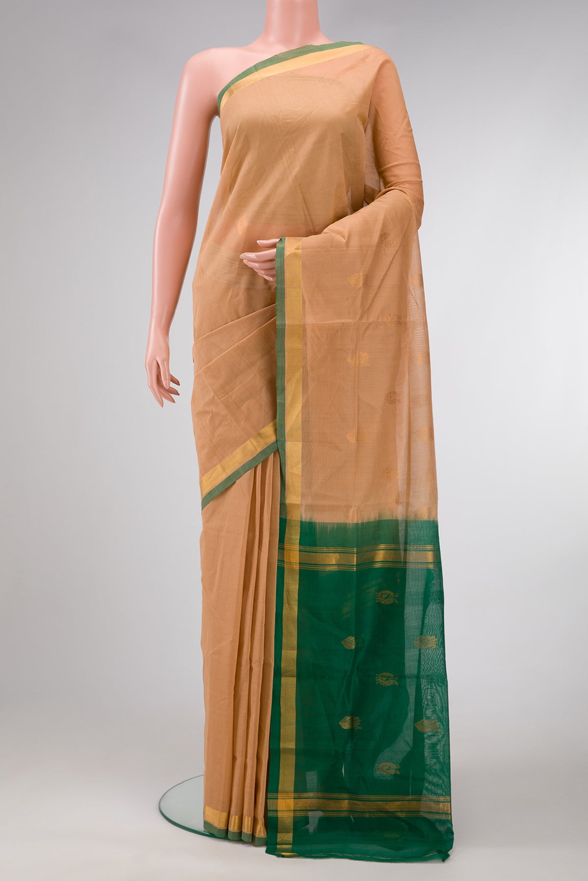 Sandal Dual Tone Uppada Cotton Saree with Zari Butta on the body and Zari Border.  displayed on a mannequin