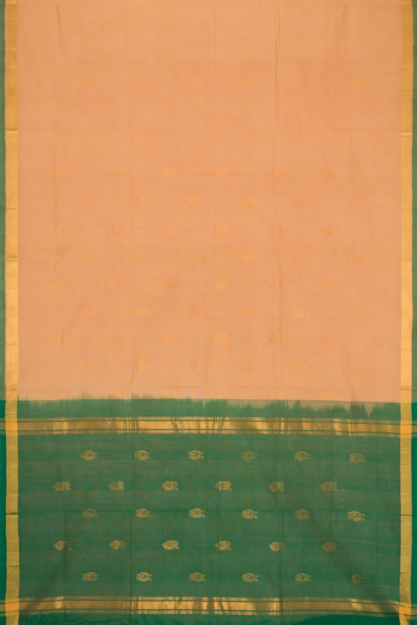 Flat view of Sandal Dual Tone Uppada Cotton Saree with Zari Butta on the body and Zari Border. 