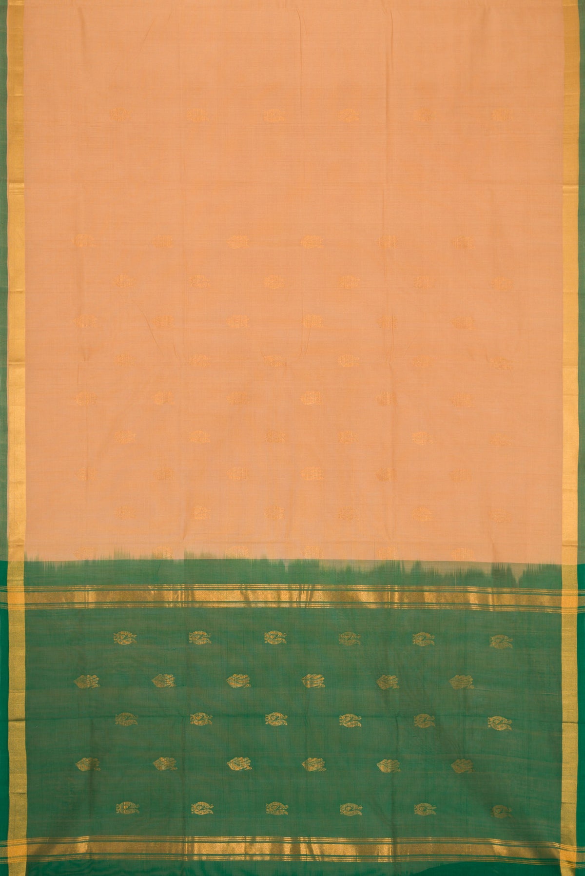 Flat view of Sandal Dual Tone Uppada Cotton Saree with Zari Butta on the body and Zari Border. 