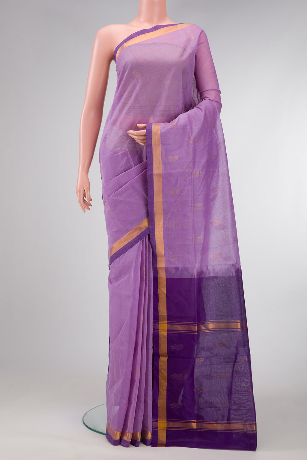Lavender Dual Tone Uppada Cotton Saree with Zari Butta on the body and Zari Border.  displayed on a mannequin