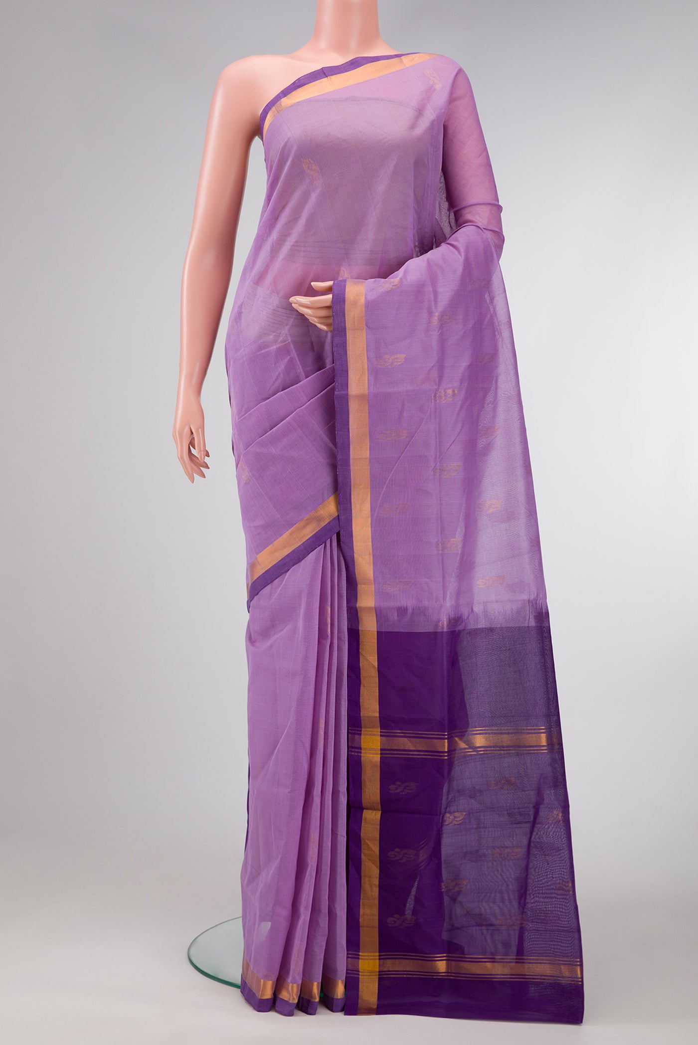 Lavender Dual Tone Uppada Cotton Saree with Zari Butta on the body and Zari Border.  displayed on a mannequin